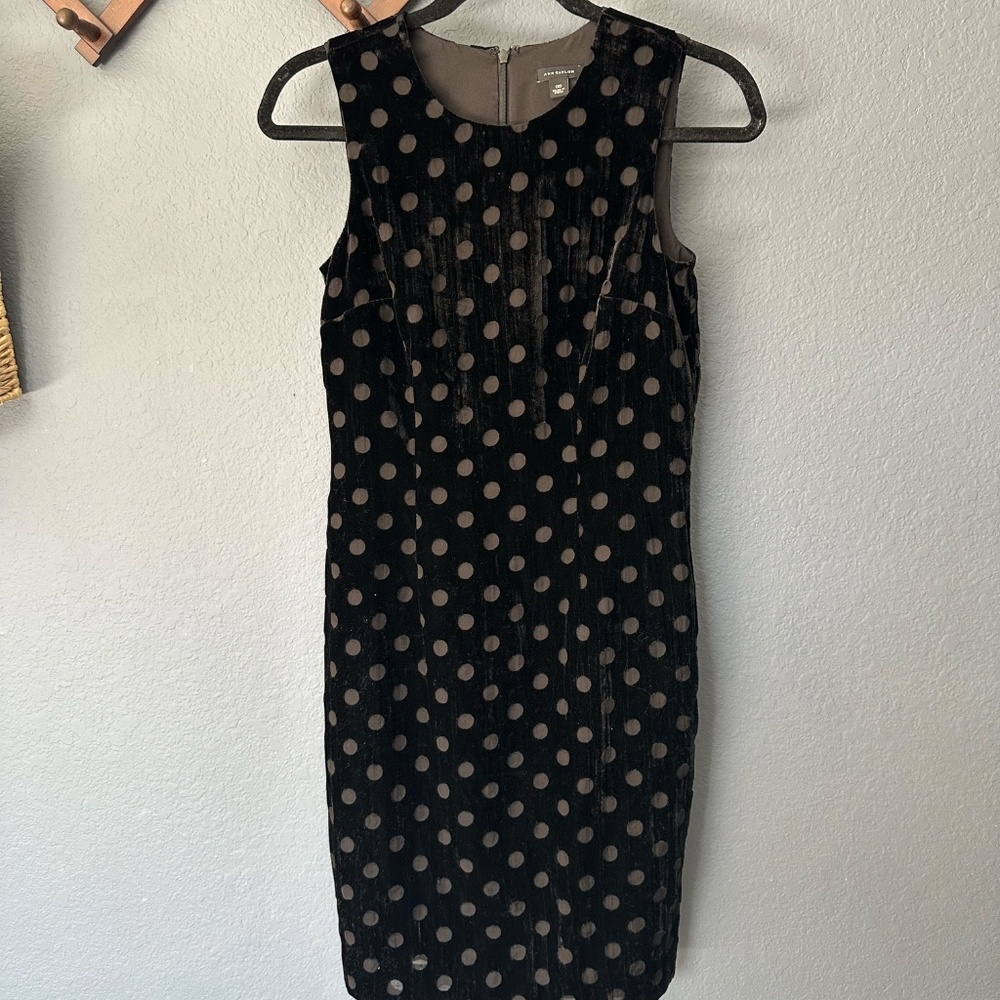 Y2k Ann Taylor Velvet Black Polka Dot Burnout Mini Dress Size 00 Small